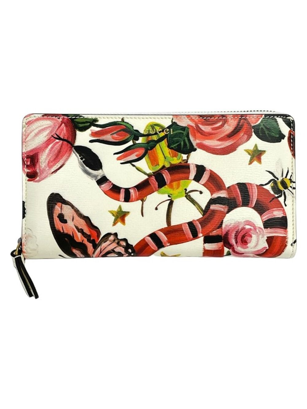 Gucci Wallet Ivory Dark Green Multi Snake Butterfly Zip Around Leather